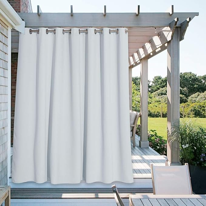NICETOWN Patio Outdoor Curtain Waterproof Extra Wide and Long, Rustproof Grommet W100 x L108 Room Darkening Outdoor Living Divider Privacy Thermal Insulated Blinds for Pool, Greyish White, 1 Piece