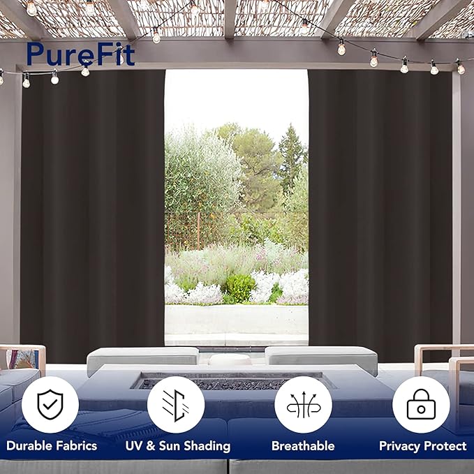 PureFit Outdoor Curtains for Patio Waterproof Weatherproof, UV and Fade Resistant Outside Curtains for Gazebo, Front Porch, Pergola, Sun Blocking Privacy Curtain, 52W x 108L inch, 1 Panel, Chocolate