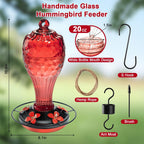 Glass Hummingbird Feeder, Red, 20 OZ | Hand-blown hummingbird feeder for outdoor hanging, reflective fish-scale design, leak-proof seal, ant moat, garden decor