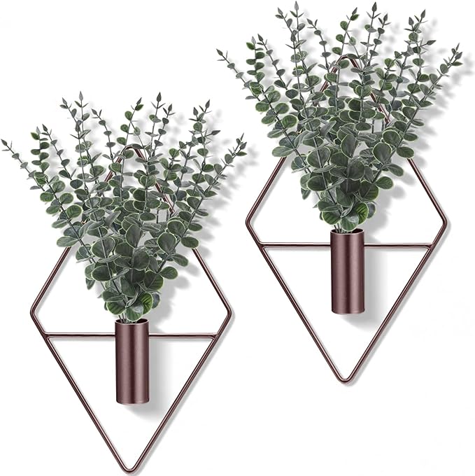 Jexine 8 Pcs Hanging Planters with Artificial Eucalyptus Metal Hanging Vase Indoor Plants Holder Modern Geometric Boho Bathroom Wall Decor for Living Room Home Office, Bronze