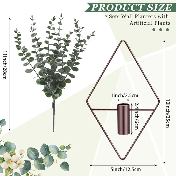 Jexine 8 Pcs Hanging Planters with Artificial Eucalyptus Metal Hanging Vase Indoor Plants Holder Modern Geometric Boho Bathroom Wall Decor for Living Room Home Office, Bronze