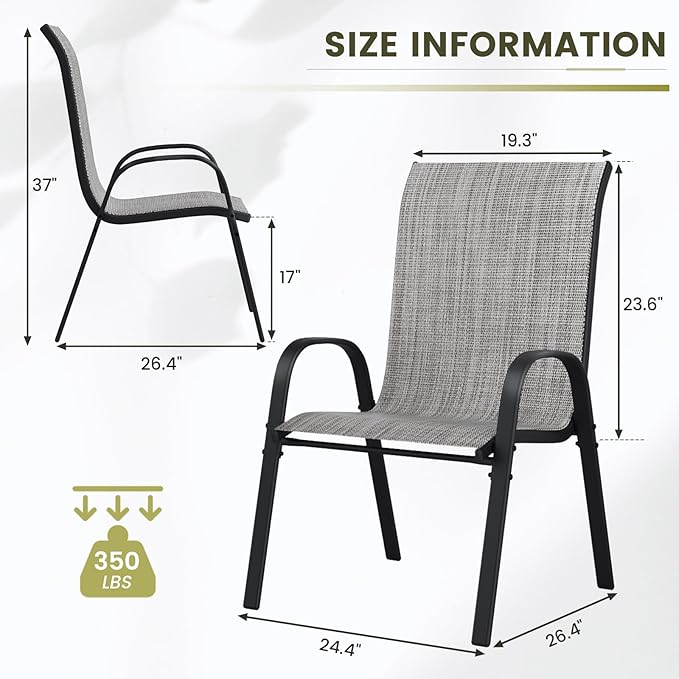 UDPATIO Patio Chairs Set of 2, Stackable Outdoor Dining Chairs with High Back, Breathable Textilene Fabric Outdoor Chair All Weather, 350LBS Capacity for Garden, Backyard (Light Grey)