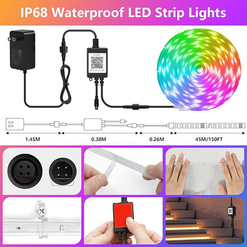 150Ft Outdoor LED Strip Lights, IP68 Waterproof Color Changing RGB LED Light Strips with IR Remote and APP, 24V Music Sync Led Rope Lights,Flexible Outdoor DIY Tape Lights for Balcony Deck Garden Pool