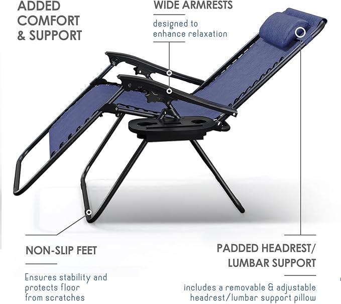 Nestl Zero Gravity Chairs Set of 4, Patio Lounge Chair Outdoor with Pillows & Cup Holder Trays, Adjustable Steel Mesh Reclining Camping Chair, Folding Patio Lawn Chair for Deck, Beach, Yard - Blue