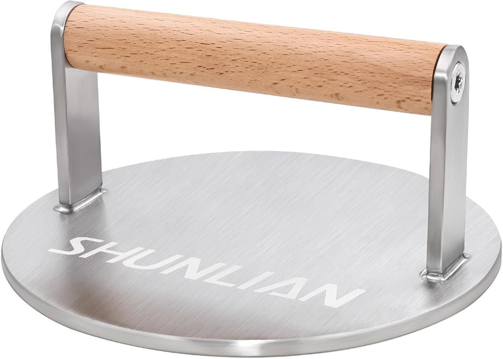 Stainless Steel Burger Smasher, 6 Inch Heavy Duty Grill Press with Wood Handle, 1.7 lb Solid Cooking Weight Press for Flat Top Griddle, Meat Press for BBQ, Fish, Chicken, Bacon & Steak