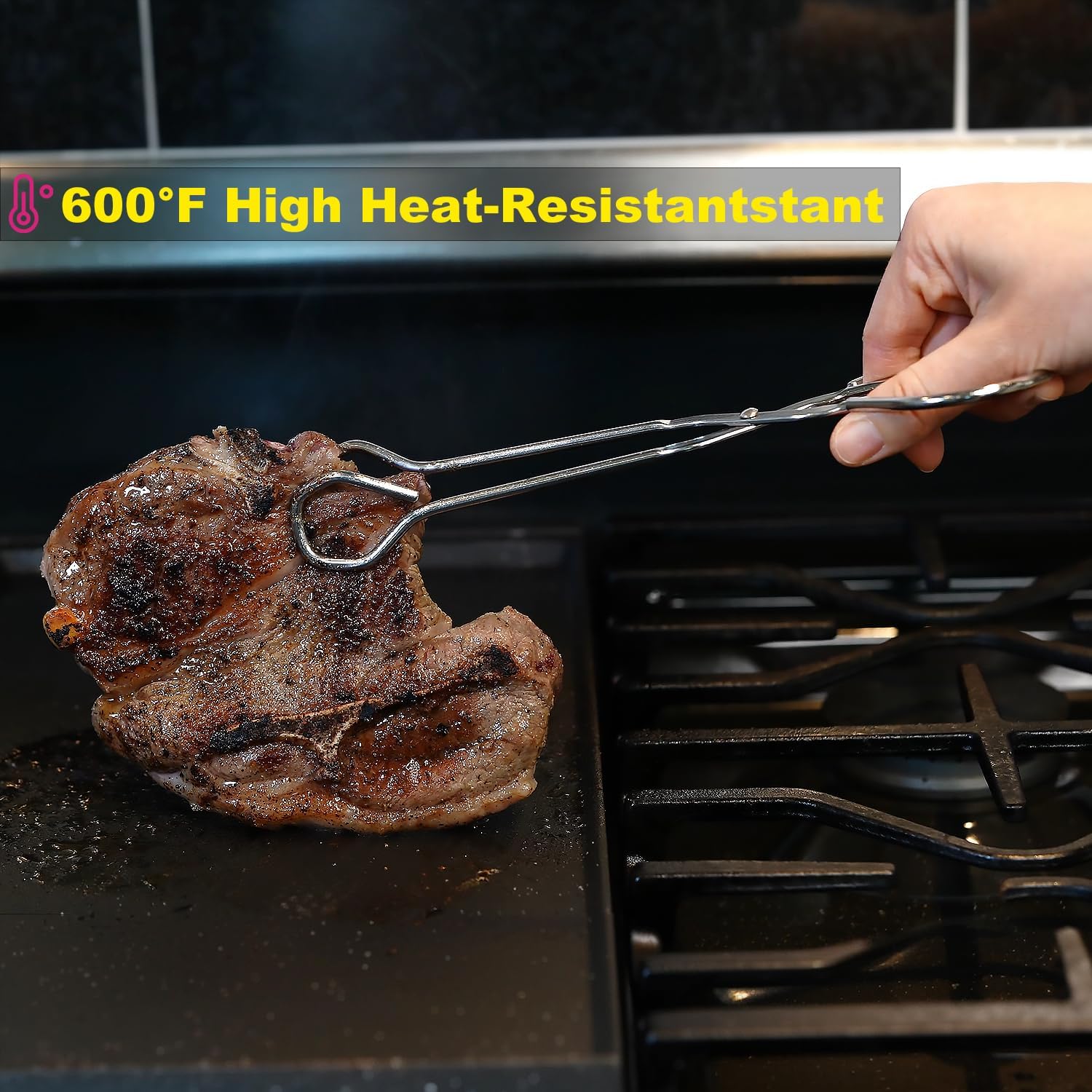 Hiash 9-Inch Heavy Duty Stainless Steel Kitchen Tongs - Comfortable Ergonomic Grip, Scissor Design, Heat Resistant for BBQ and Cooking