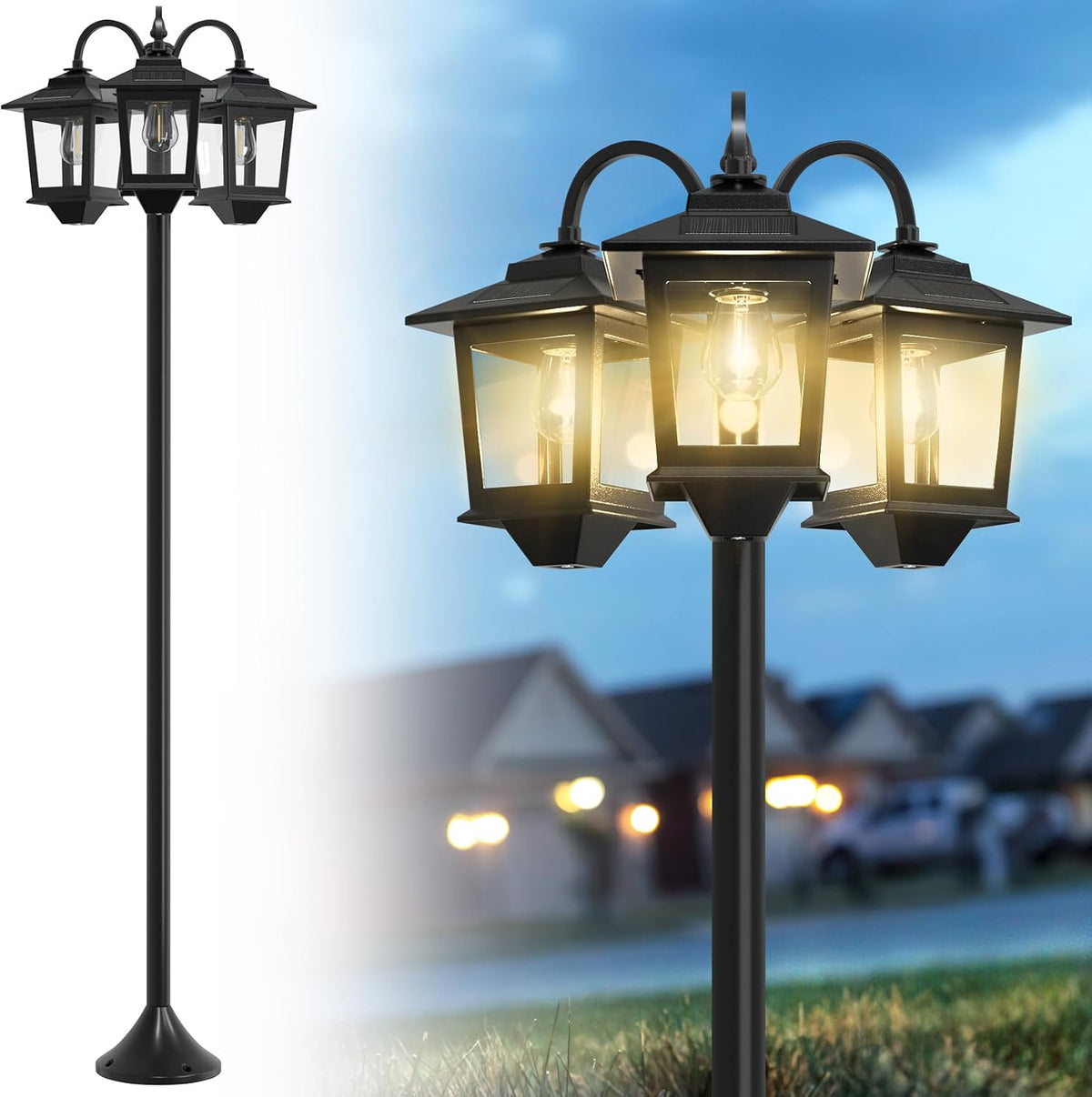 3-head solar lamp post light, 73" aluminum solar, main product view