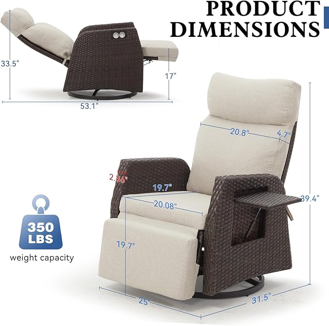 Adjustable Outdoor Recliner Chair with Independent Backrest & Footrest, Patio Swivel Recliner Chair, Wicker Reclining Patio Chair w/Flip-Up Table, Air Pump 155° Lay Flat Chaise Lounge, Beige