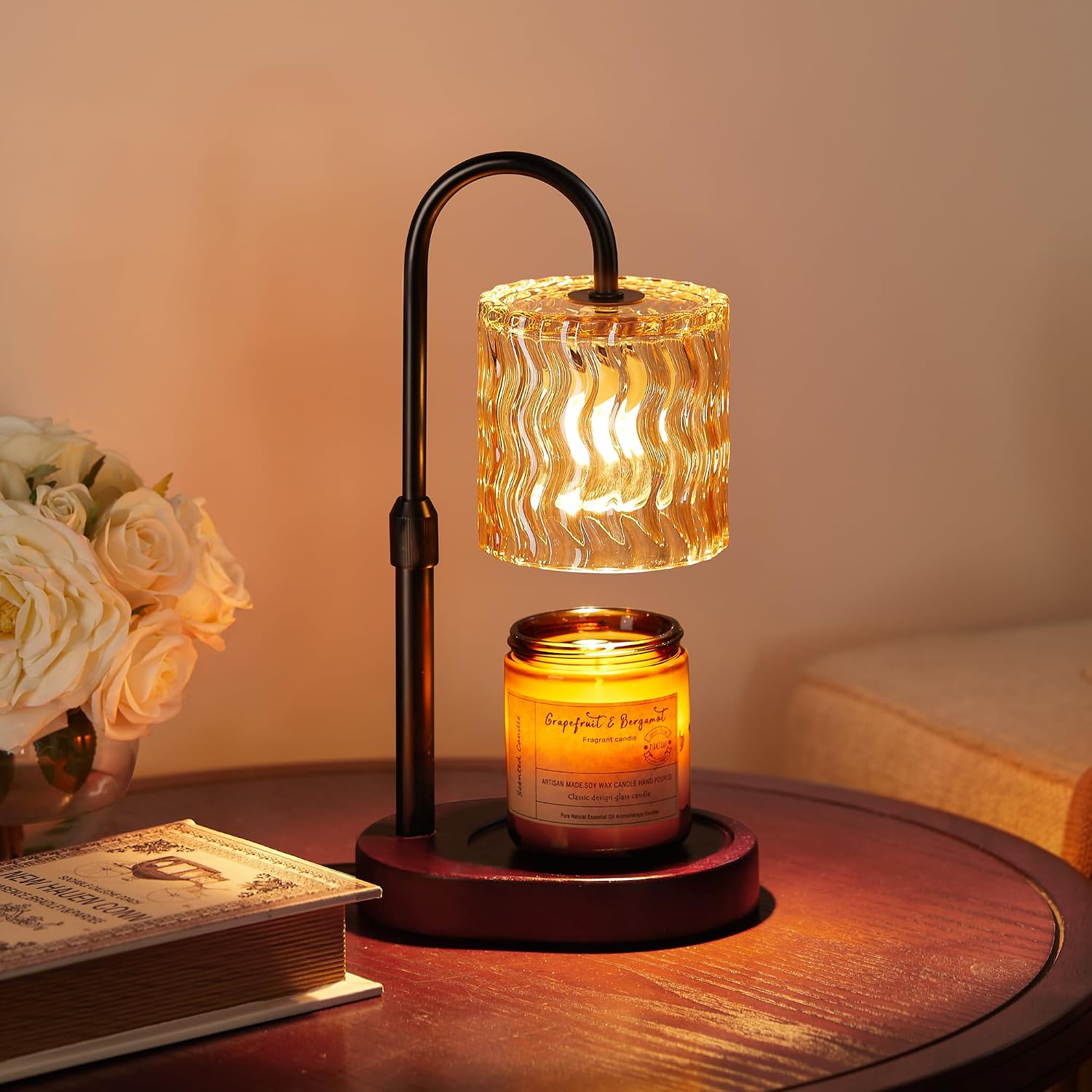 Homelist Candle Warmer Lamp Adjustable Height, with Timer & Dimmer, Black | Decorative Wax Warmer Lamp with Ripple Glass Shade, Cozy Bedroom Home Decor/Housewarming Gift for Women/Sister/Wife