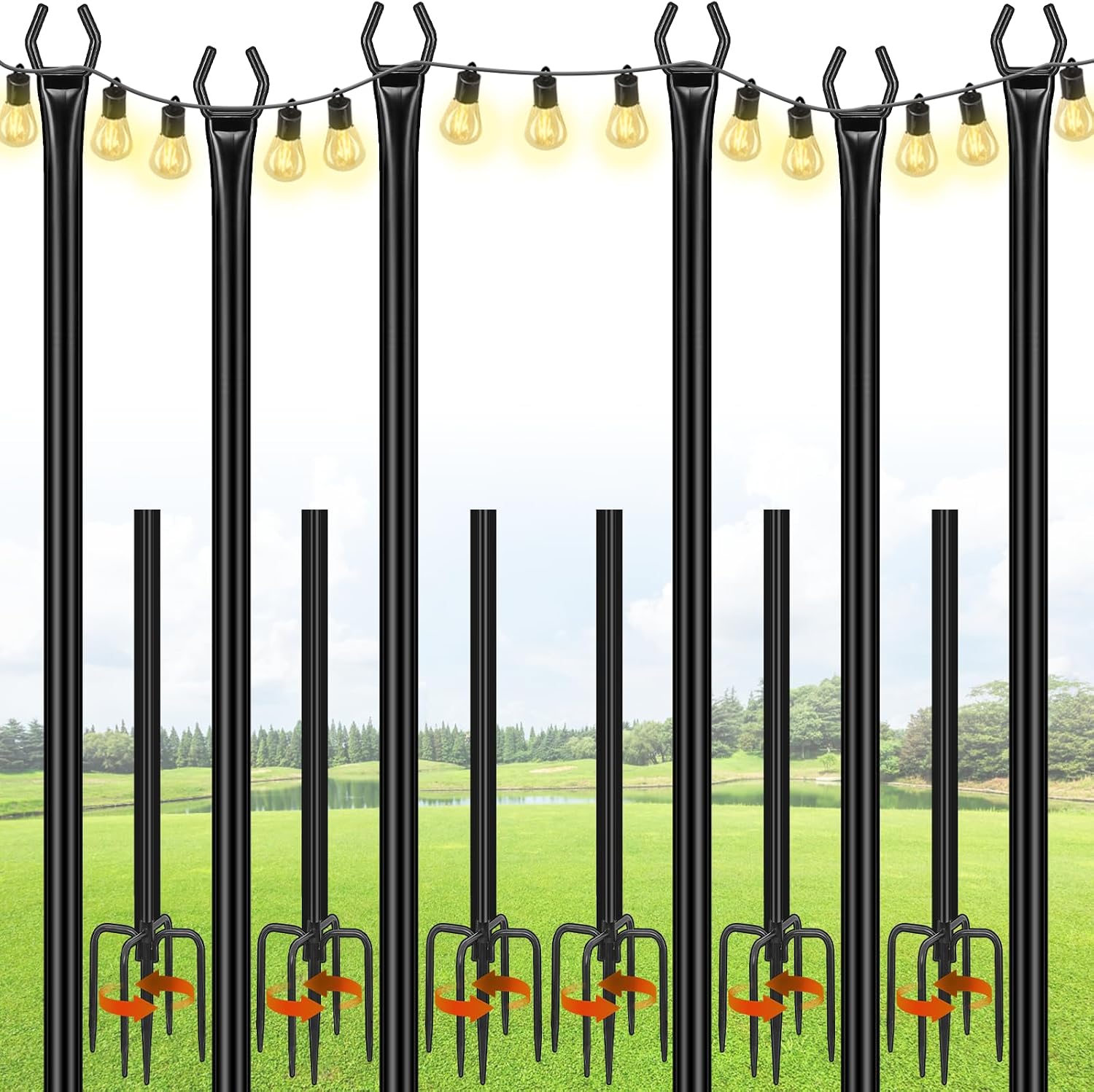 String Light Poles, 10 FT, 6 Pack, Ground & Fence Mount | Heavy-Duty Steel, 5-Prong Stable Base, Powder-Coated Finish, Rust Resistant, Outdoor Lighting & Décor, Patios, Backyards