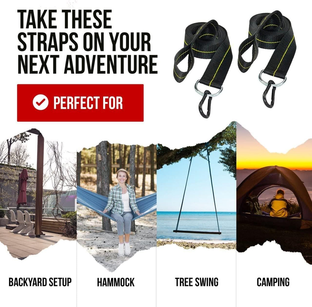 Hammock Straps - Set of 2 Hammock Tree Straps with Heavy Duty Carabiner Clips - 2 Inch X 8 Foot Long Straps for Hammock Camping, 4,000 lb Webbing - Made in USA Black