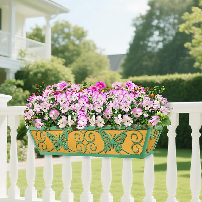 4 Pack 24 Inch Window Boxes Planters Railing Planter Box with Adjustable Brackets for Porch Fence Patio Balcony Hanging Flower Baskets with Woven Fabric for Outdoor Garden Decor - Green