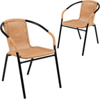 EMMA + OLIVER Set of 2 Modern Rattan Indoor/Outdoor Stack Chairs, Stacking Rattan Patio Chairs with Curved Back and Cross Bracing, Beige