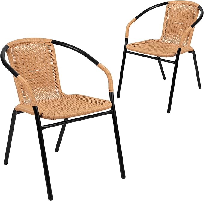 EMMA + OLIVER Set of 2 Modern Rattan Indoor/Outdoor Stack Chairs, Stacking Rattan Patio Chairs with Curved Back and Cross Bracing, Beige