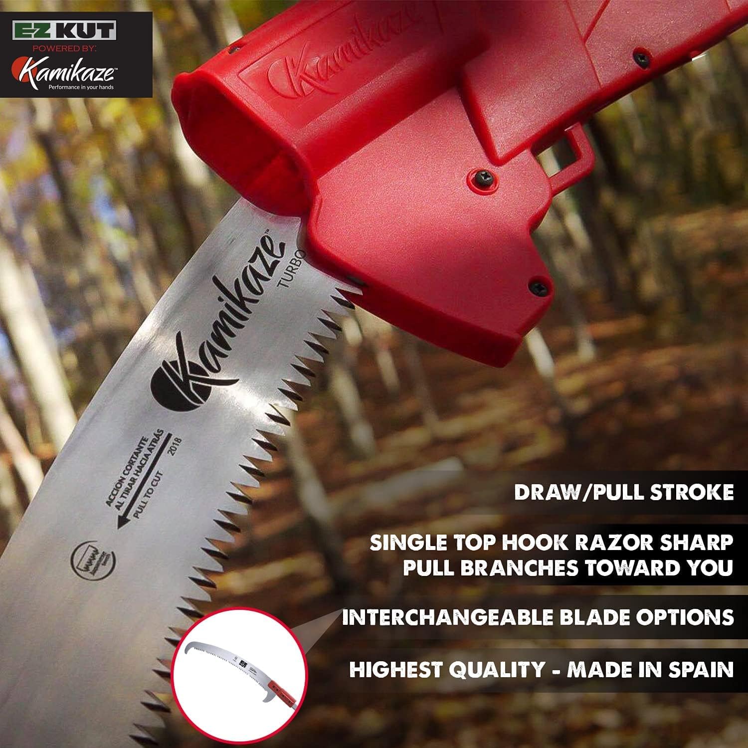 EZ Kut Kamikaze 15′ Extendable Tree Trimmer Pole Saw - Branch Cutter with Single Hook Pole Saw Blade for Branch Removal - Best Pole Saws for Tree Trimming. Tree pruner pole saw since 1988