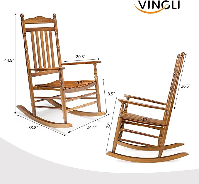 VINGLI Wooden Rocking Chair, Outdoor Chair with 450 lbs Support, Relaxing Rocker with Solid Wood High Back Seat Reclining Seat for Deck, Garden, Backyard, Porch, Indoor or Outdoor Use (Teak, 2PCS)