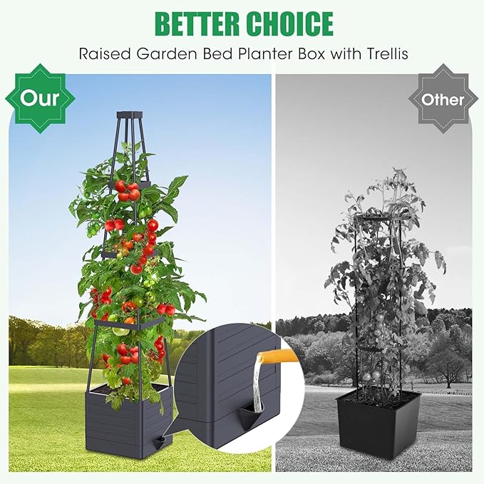 4 Pack Raised Garden Bed Planter Box with Trellis, 57" Self-Watering Tomato Cage Planters for Climbing Plants Vegetable Vine Flowers Outdoor & Indoor (57x9.8x9.8IN)