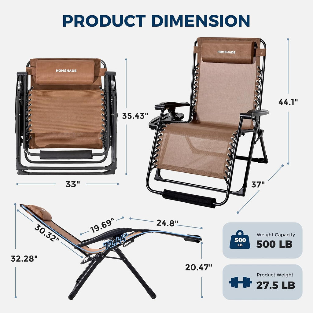 33 Inch XXL Oversized Zero Gravity Chair, Support 500 LBS, Brown | Heavy Duty Zero Gravity Lounge Chair Outdoor, Indoor Recliner Chairs w/Removable Cushion, Footrest, Headrest & Cup Holder