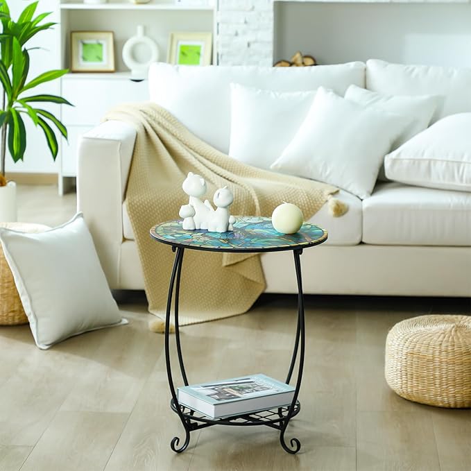 Outdoor Side Table Round Small Mosaic Patio Accent Indoor End Plant Coffee Tea Table for Yard Patio Porch Garden Living Room, Bedroom(Butterfly Style,16 Inch)