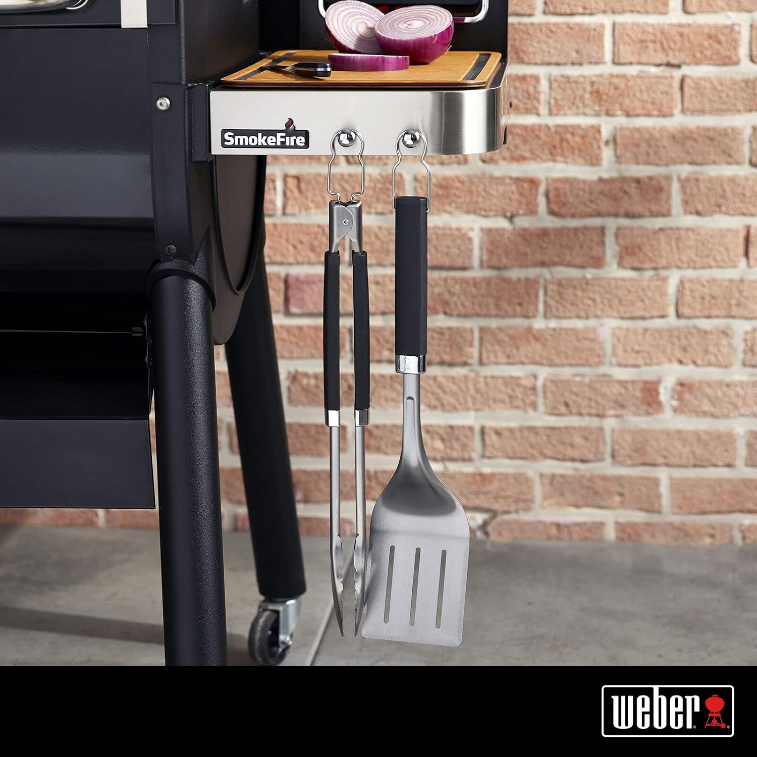 Weber® Precision Tongs & Spatula Grilling Tool Set, Stainless Steel | BBQ Tools with Hands‑Free Locking Tongs, 3‑Sided Beveled Spatula, Non‑Slip Soft‑Touch Handles - Grill Accessory Kit
