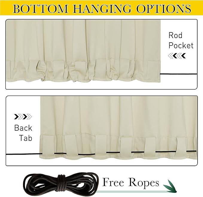 NICETOWN 2 Panels Outdoor Curtains Waterproof Pocket & Back Tab on Top & Bottom, Thermal Insulated Windproof Sun Blocking Outside Privacy Drapes for Patio with Fixed Rope, W52 x L95, Beige
