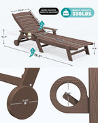 SERWALL Patio Chaise Lounge Chair Set of 2 with 9FT Patio Umbrella, 78'' HDPE Outdoor Lounger, Poly Lounge Chair with Rolling Wheels & Cup Holder for Pool,Coffee Brown (Umbreall Base not Included)