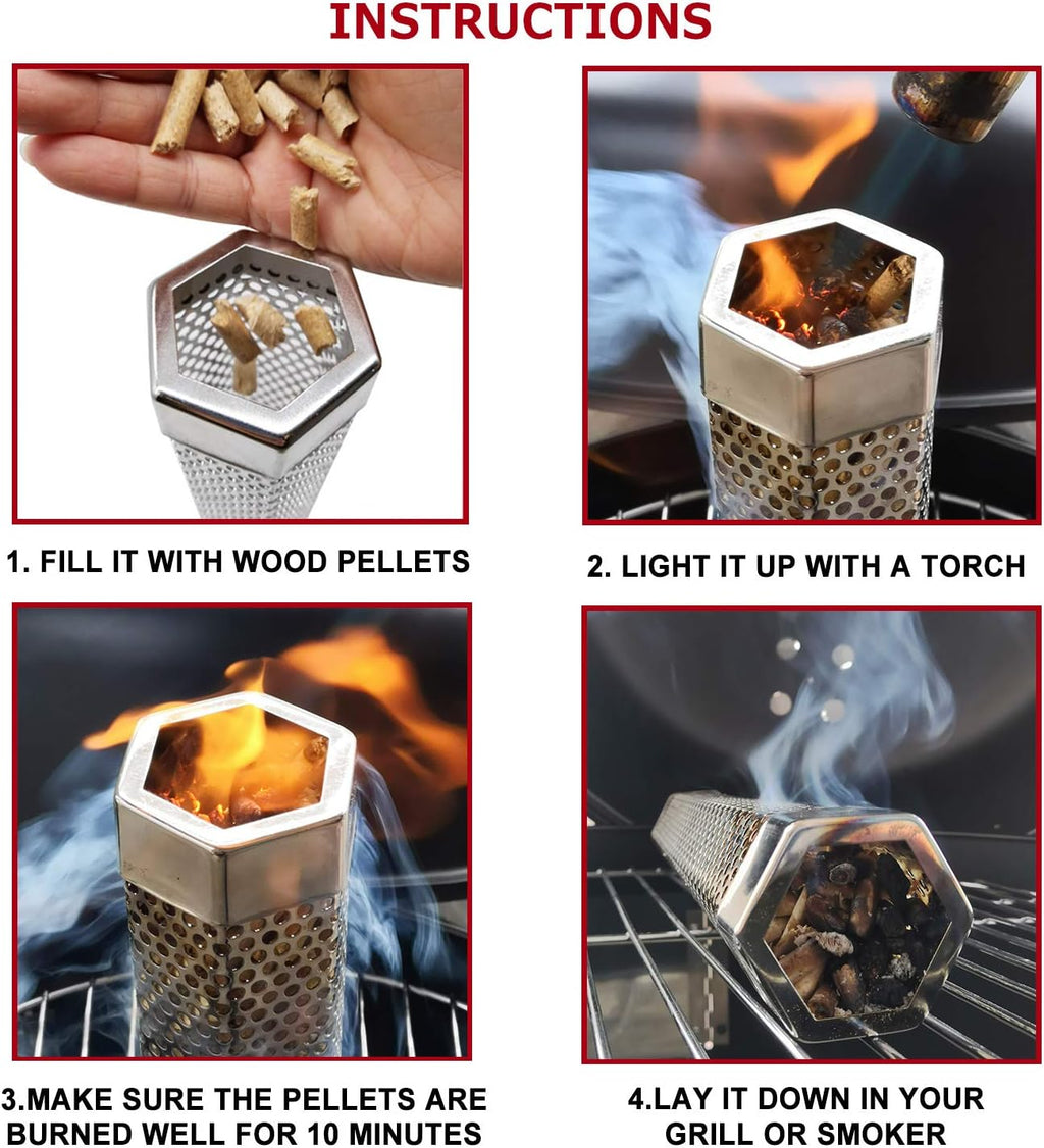 12” Smoke Tube for Pellet Smoker, Hot/Cold Smoking on Grill 5hrs | Stainless Steel 12" Smoker Tube with Wood Pellet or Chips, Hot or Cold Smoking on any Grill or Smoke for 5 Hrs, Easy to Clean