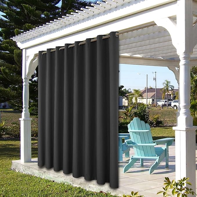 BONZER Wide Waterproof Outdoor Curtains for Patio Heavy Privacy Light Filtering Grommet Outside Curtains for Porch, Pergola, Gazebo, 1 Panel, 110W x 84L inch, Charcoal