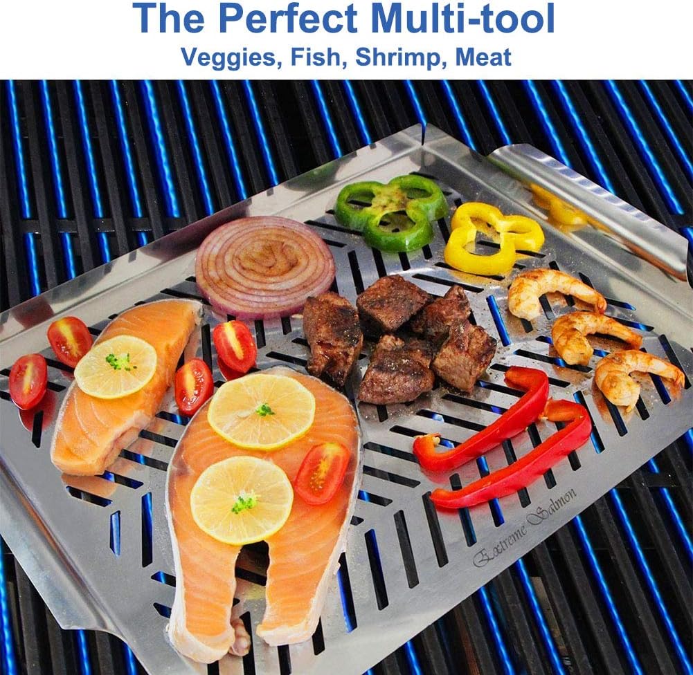 BBQ Grill Pan for Vegetables, Grill Topper Stainless Steel BBQ Wok with Handles Professional Cookware Grill Accessories for Barbecue Grills Outdoor Cooking