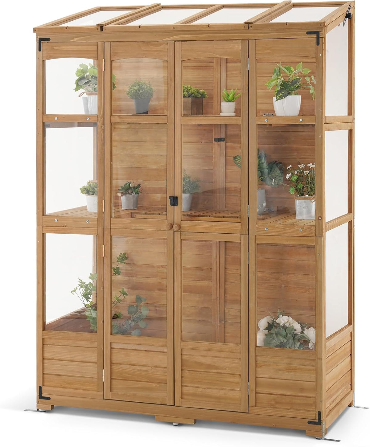 mcombo wooden walk-in greenhouse, open roof & lockable, main product view