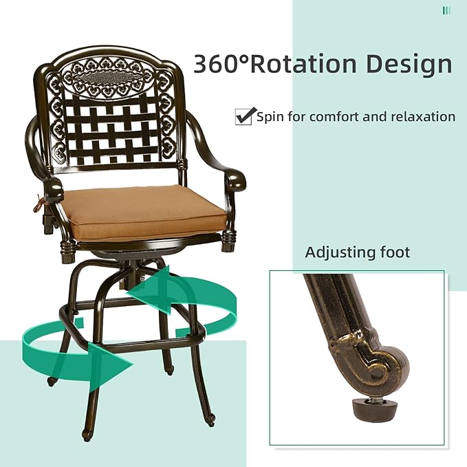 VIVIJASON 5-Piece Patio Swivel Bar Stools Set, All Weather Outdoor Cast Aluminum Bar Height Bistro Set with 4 Cushioned Bar Chairs & 35.4" High Bar Table w/Umbrella Hole for Backyard, Lawn, Garden