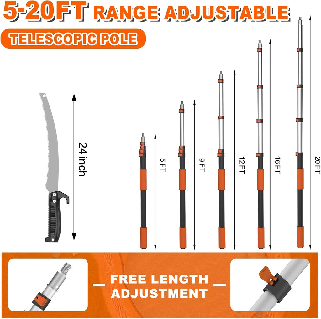 SISUPASSIE 26FT Reach Pole Saw for Tree Trimming, Telescoping Tree Pruner Extendable with 5-20FT Extension Pole, Manual Saw for Garden, Patios, Yard