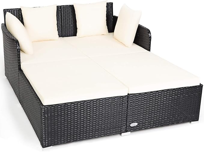 COSTWAY Outdoor Patio Rattan Daybed, Sponge Cushioned Loveseat Sofa with 4 Pillows, Wicker Furniture Sunbed for Balcony, Courtyard (Beige)