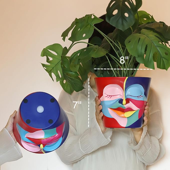 GUGUGO 8 Inch Planter Abstract Rainbow Face Pots for Plants, Unique Head Planters Pots with Drainage, Cute Eclectic Flower Pot for Garden, Colorful Funny Room Decor (Mainly Green)