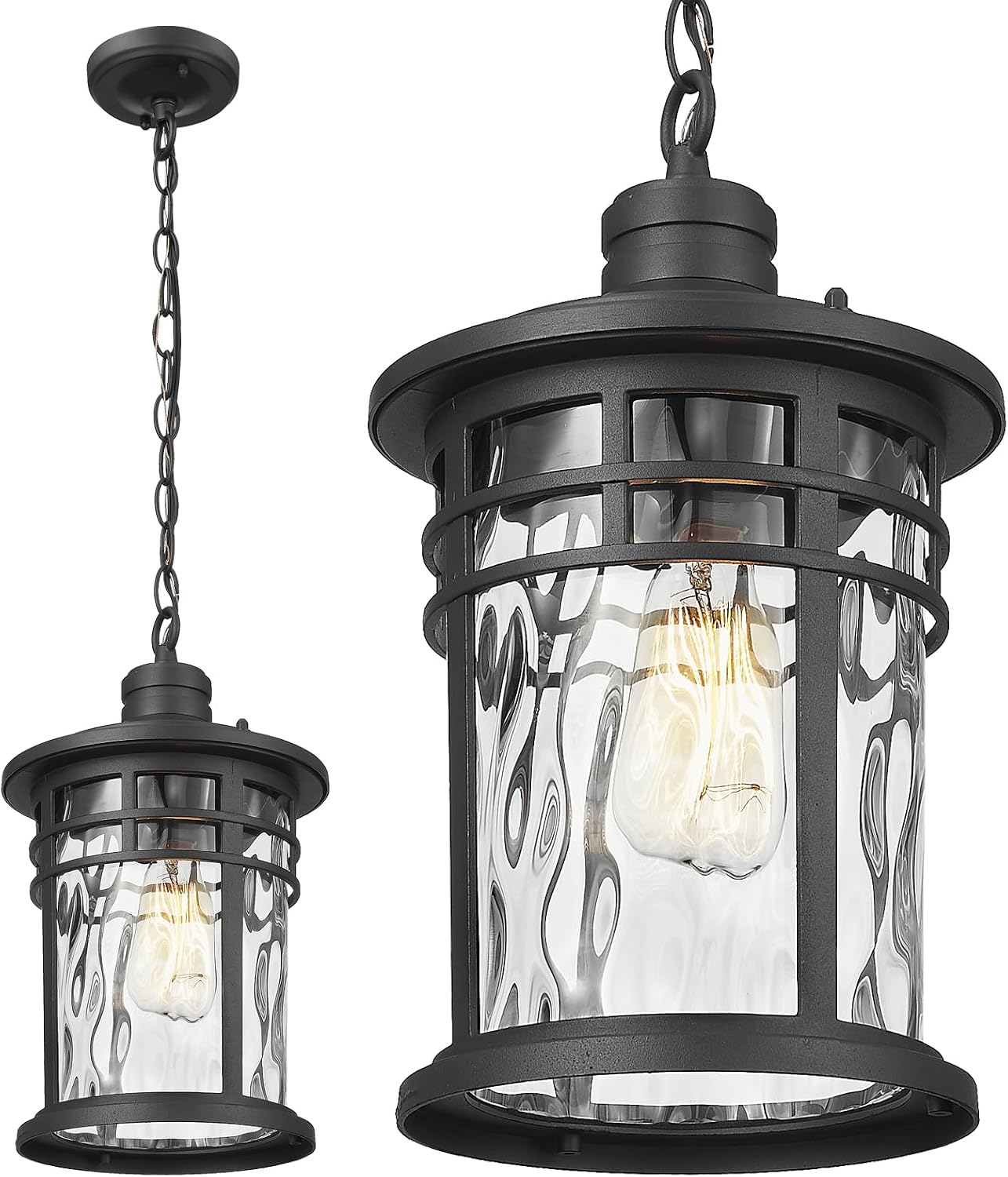 Darkaway Large Outdoor Pendant Lights for Porch, 15inch Outdoor Chandelier Hanging Porch Lights Outside Ceiling Mount Aluminum with Water Ripple Glass for Front Porch Gazebo Patio