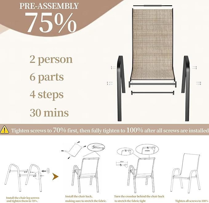 MAMIZO Patio Dining Chairs, Stackable All Weather Teslin Chair, Heavy Duty Outdoor Breathable Chairs Set, w/Armrests, Upgraded Chair FeetW/Strenthened Iron Spacers, 330 LBS (6, Brown)