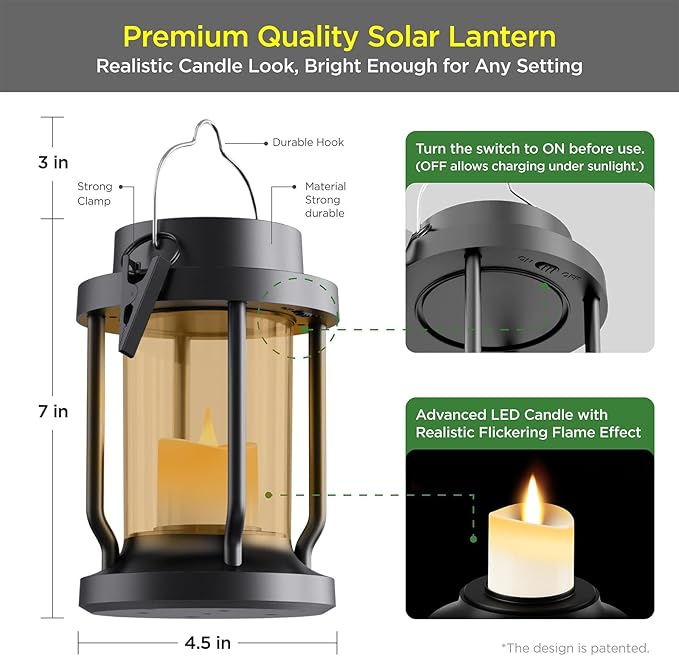 Solar Lantern Outdoor & Indoor Use – Hanging Solar Lights with Realistic Flickering Flameless Candle, Weatherproof for Gardens, Patios, Trees, and Lawns (Black + Amber, 1 Pack)