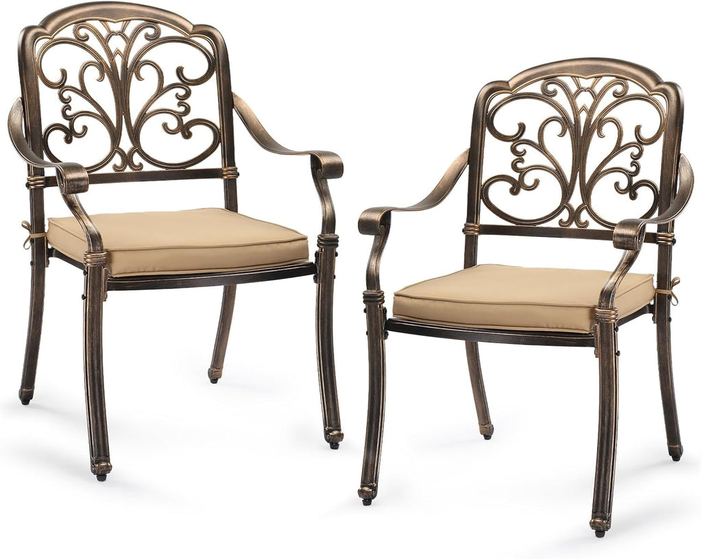 VINGLI Patio Chairs Set of 2 - Stackable Outdoor Cast Aluminum Dining Chairs with Vintage Bronze Finish and Butterfly Pattern, Metal Armchairs for Poolside, Backyard, Balcony (with Cushion)