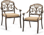 VINGLI Patio Chairs Set of 2 - Stackable Outdoor Cast Aluminum Dining Chairs with Vintage Bronze Finish and Butterfly Pattern, Metal Armchairs for Poolside, Backyard, Balcony (with Cushion)