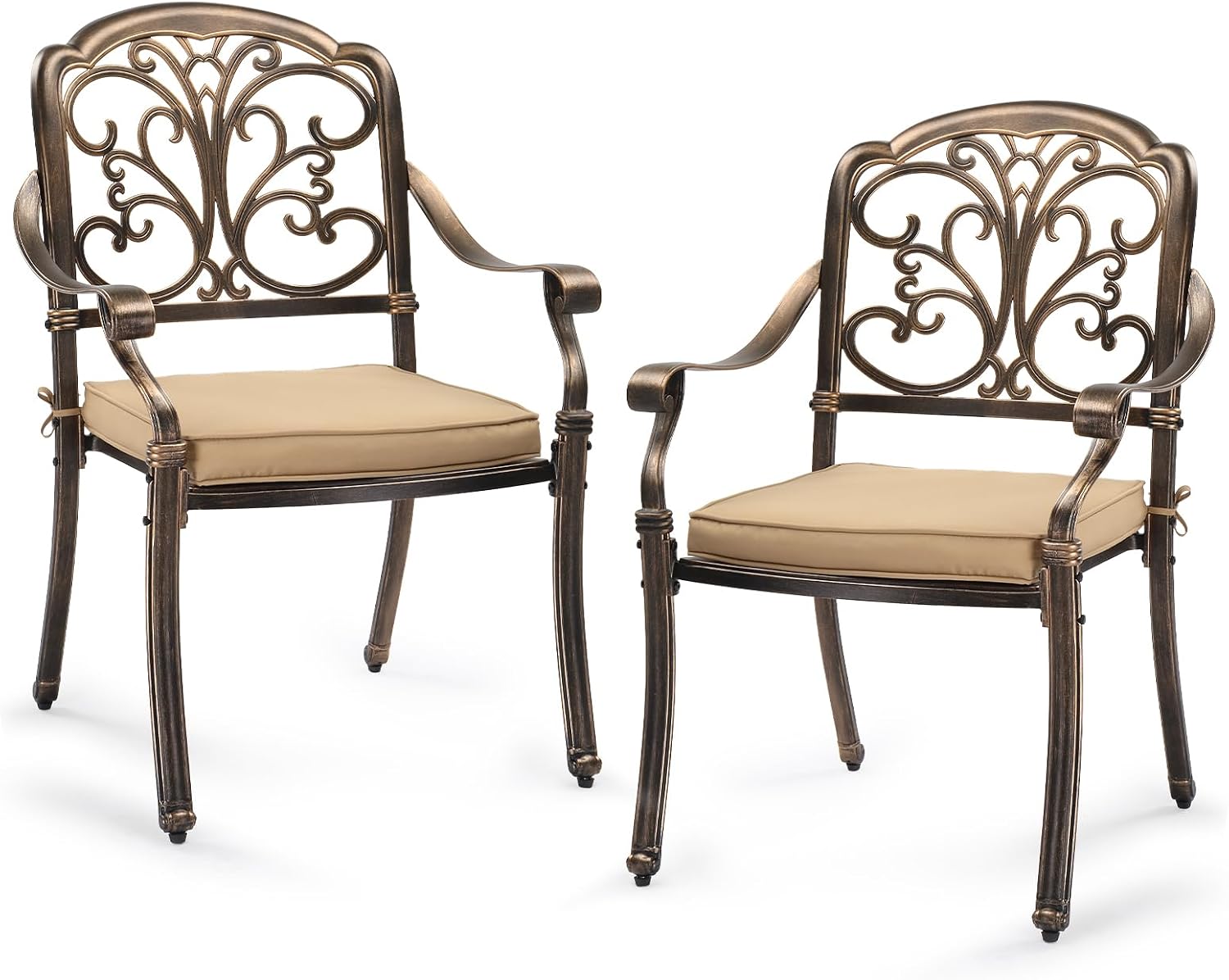 VINGLI Patio Chairs Set of 2 - Stackable Outdoor Cast Aluminum Dining Chairs with Vintage Bronze Finish and Butterfly Pattern, Metal Armchairs for Poolside, Backyard, Balcony (with Cushion)