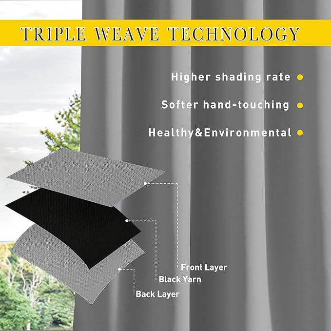NICETOWN 2 Panels Weighted Outdoor Curtains for Patio Waterproof, Thermal Insulated Grommet & Back Tab on Top & Bottom Windproof Sun Blocking Draperies for Gazebo with Rope, Silver Grey, W66 x L84