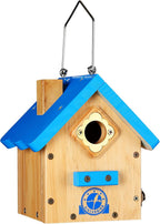 SISTERBIRD Birdhouses for Outdoors, Blue Hanging Wren House, Warming Gifts | Premium Wooden Bird Houses for Outside, Classic Cabin Design Wooden Bird House Red-Breasted Nuthatch Wren Chickadee