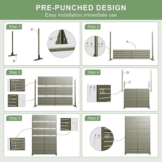 Casaphoria Metal Privacy Screen Outdoor, 72" H x 47" W Freestanding Decorative Privacy Screen for Patio Deck Balcony Garden with Stable Base, Green-Helen