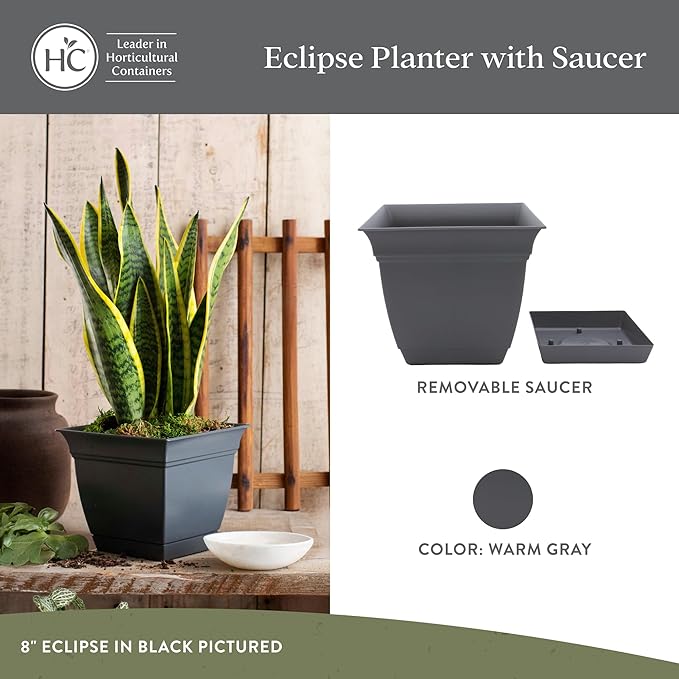 The HC Companies Eclipse Square Plastic Planter w/ Attached Saucer - Outdoor & Indoor Plant Pot with Drainage Holes - Lightweight, UV-Resistant Plastic Pots For Plants (10" Warm Gray, Pack of 1)