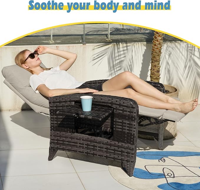 Upgraded Outdoor Recliner Chair, Reclining Patio Chairs with Adjustable Back up to 150°Lay Flat and Extended Footrest, Wicker Recliner Chairs with Flip Table and Removable Olefin Cushion