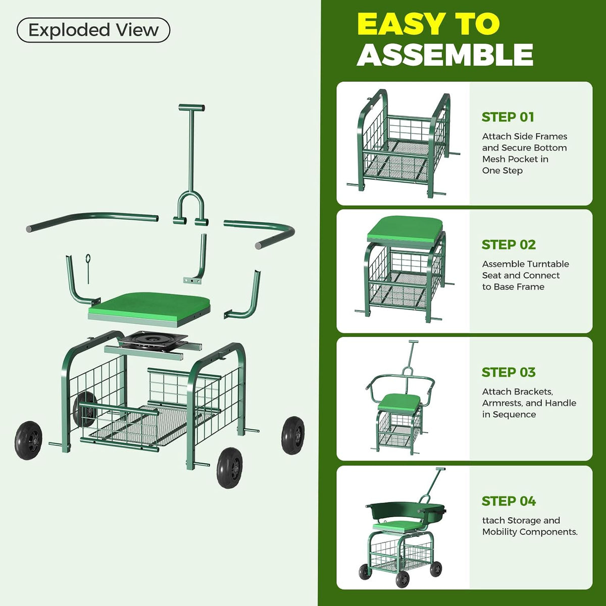 suntee garden seat with wheels, rolling gardening stool, front angle view