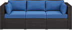 Yaheetech 3-Seat Patio Wicker Sofa, Outdoor Rattan Couch with Furniture Cover, Deep Seat High Back with Cushions & Throw Pillows for Deck/Porch/Balcony/Yard, Brown/Dark Blue