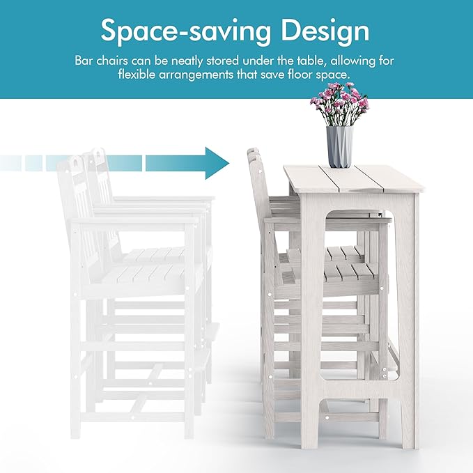 Ciokea Outdoor Bar Height Table Set of 5, 60" Extra Long Rectangle High Top Table and 4 Oversized Adirondack Chairs Set, Heavy-Duty All-Weather HDPE Patio Bar Set for Backyard Balcony Deck, White