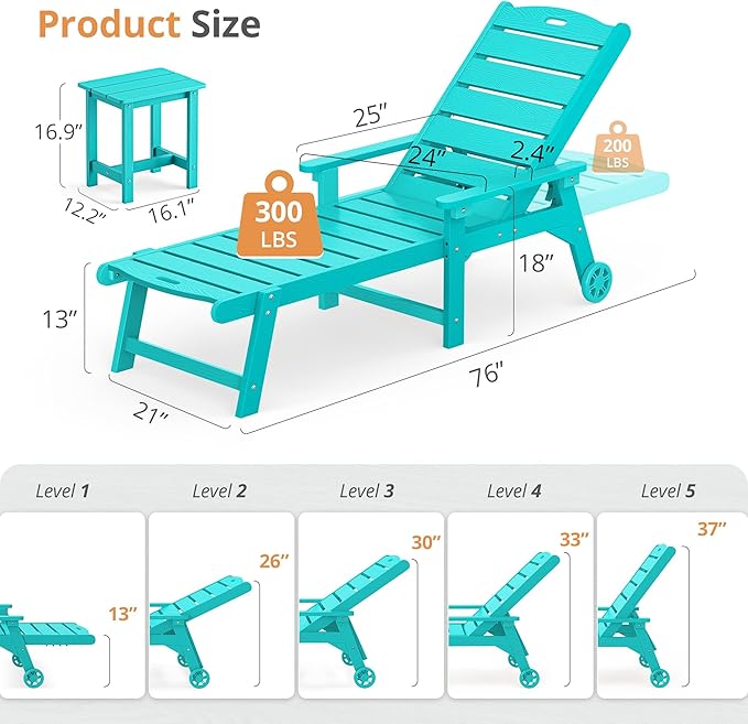 LUE BONA Chaise Lounge Chairs Set with Table, 3-Piece, 79'' Oversized HDPS Chaise Lounger, 5 Positions Adjustable Lounge Chairs, Pool Lounge Chair with Wheels for Poolside, 3 Year Warranty, Aruba Blue