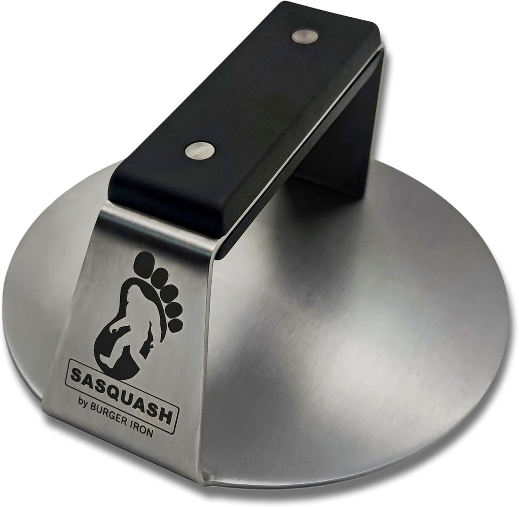 Sasquash Smash Burger Press, Round Stainless Steel, Flat Handle Tool 6 inch | Heavy Duty Welded Construction, Great For Skillet or Cast Iron Cooking, Backyard Grilling Kitchen Essentials, Cookout Ready